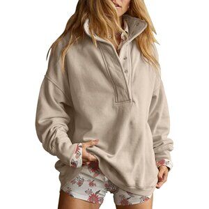 Women Khaki Gray Oversized Casual Long Sleeve Henley Neck Pullover Sweatshirt